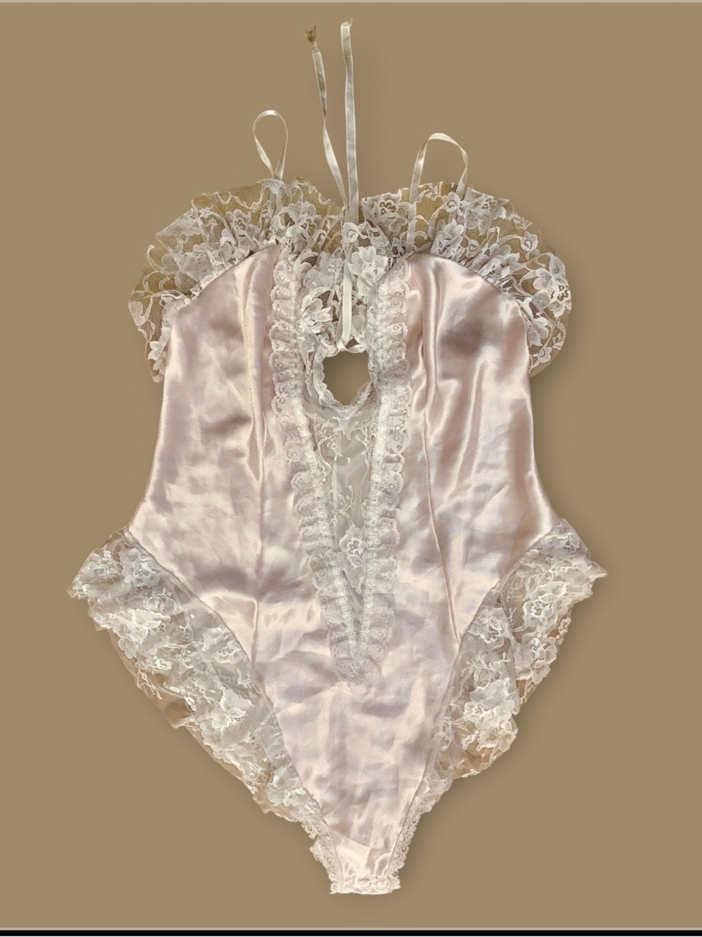 Vintage Intimate attitudes shimmer pink High, cut, lace lingerie bodysuit 2X